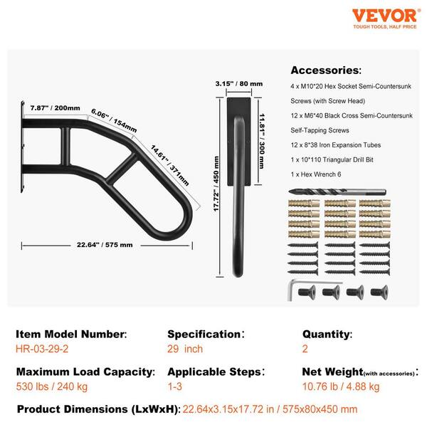 VEVOR Handrails for Outdoor Steps 17.72 in. x 3.15 in. Black steel Stair Railing Kit Wall Mount Railings 1-3 Steps U-Shaped
