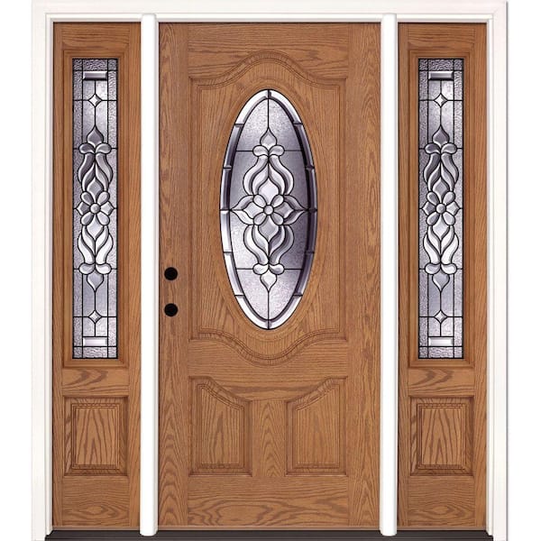 Feather River Doors 67.5 in.x81.625 in. Lakewood Patina 3/4 Oval Lt Stained Light Oak Right-Hand Fiberglass Prehung Front Door w/Sidelites