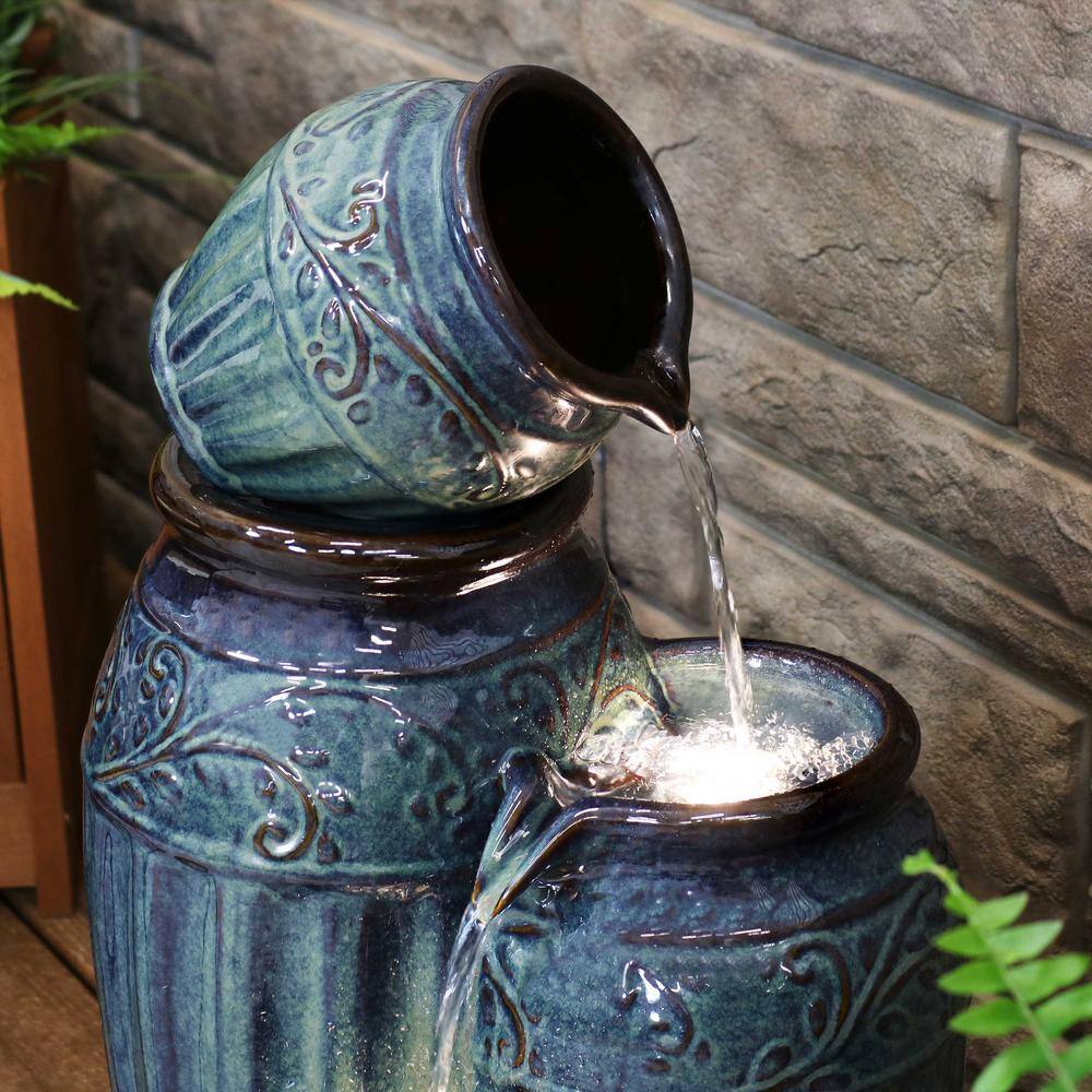 Dark Cyan Ceramic Vase Outdoor Water Fountain with LED Lights