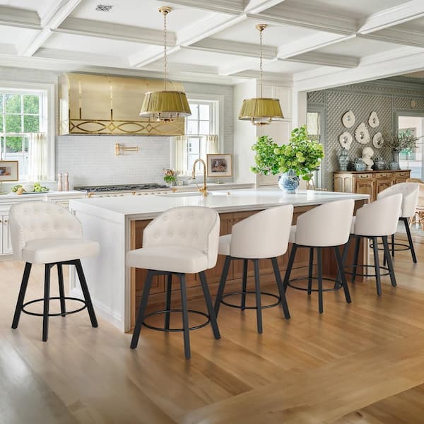 LUE BONA Arturo 26 in.White Faux Leather Upholstered Swivel Bar Stool with Metal Frame Nailhead Counter Barstool Set of 6