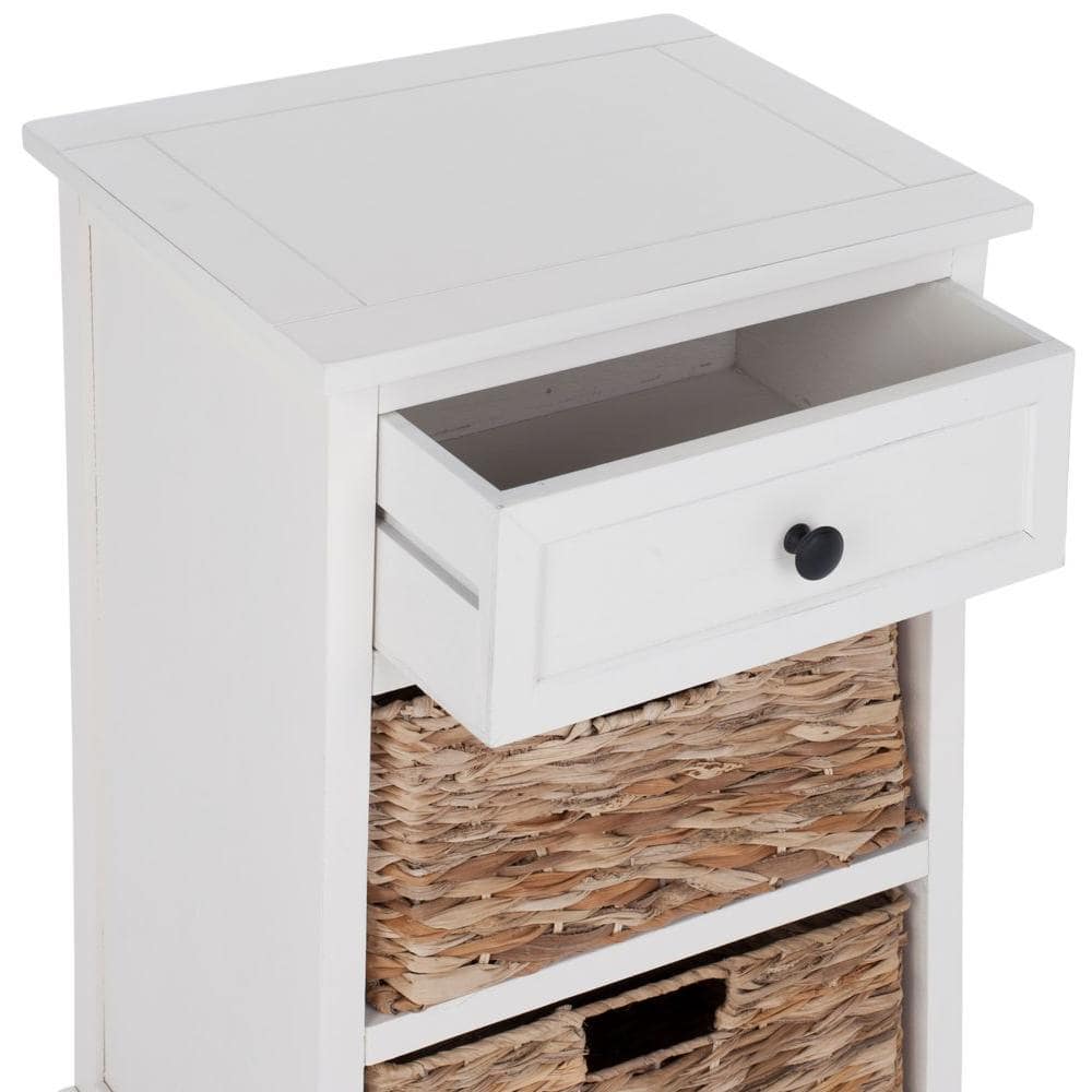 Transitional White Pine Storage Side Table with Wicker Baskets