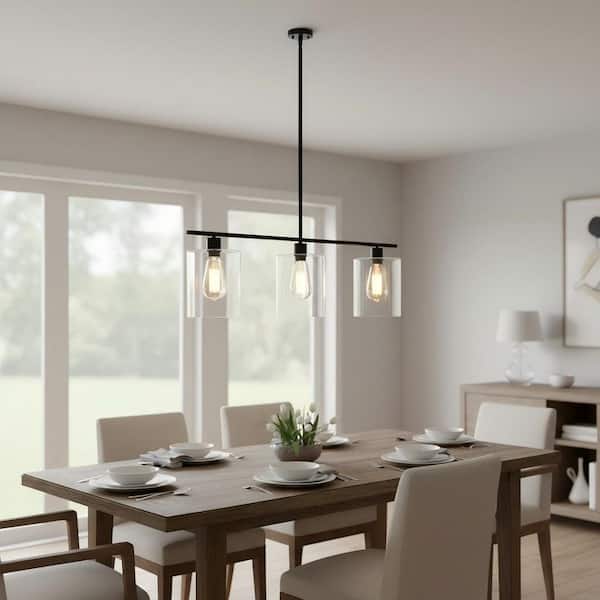31.5 in. 3 Light Black Island Pendant Light with Clear Glass Shade, Adjustable Rod Hanging Light Fixture for Ktchen