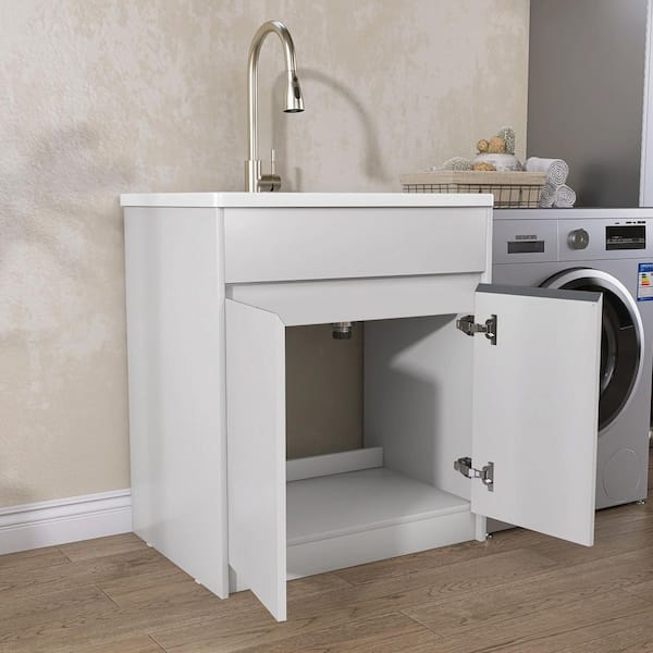 Getpro 30 in. Freestanding Solid Surface Laundry Utility Sink with Faucet and Cabinet