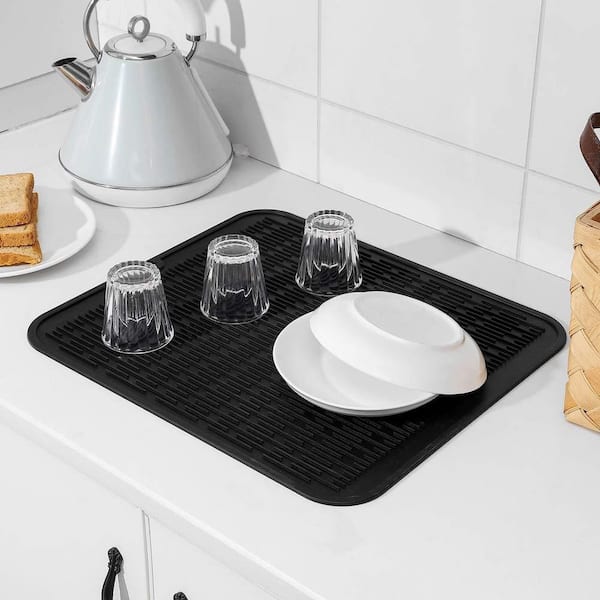 Black Silicone Dish Drying Mat for Multiple Usage, Heat-Resistant Silicone Mat for Kitchen Counter, Sink, Drawer Liner