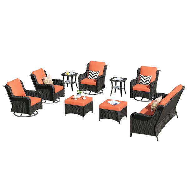 Janus Brown 9-Piece Wicker Patio Conversation Seating Set with Orange Red Cushions and Swivel Chairs