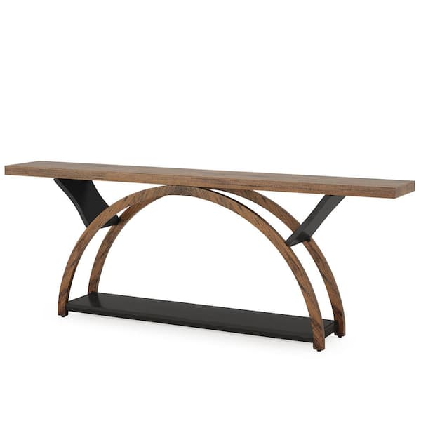 BYBLIGHT Terrella 70.87 in. W Walnut and Black Console Tables, Rectangle Wooden Console Table with Half Moon Frame Living Room