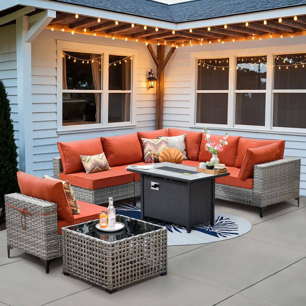 Supery Gray 8-Piece Wicker Rectangle Fire Pit Patio Conversation Set with Orange Red Cushions price history on PriceWatchPro