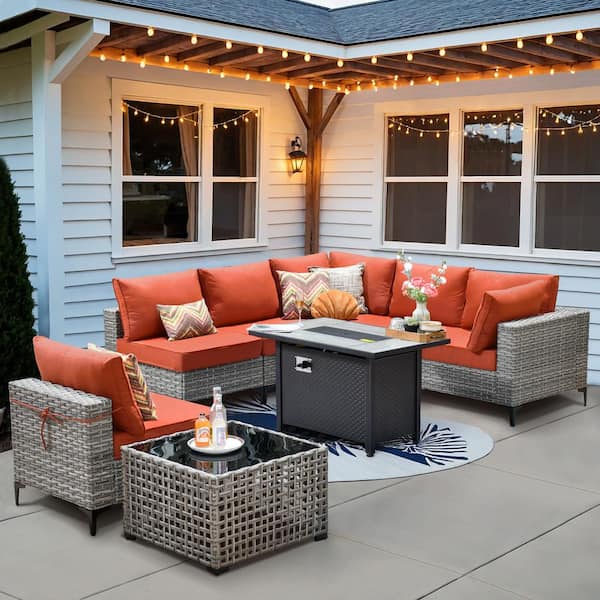 OVIOS Supery Gray 8-Piece Wicker Rectangle Fire Pit Patio Conversation Set with Orange Red Cushions