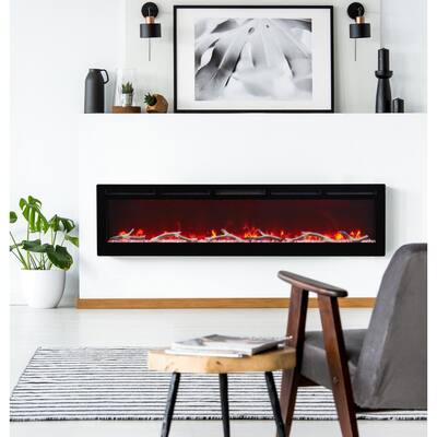72 in. Wall Mount and Recessed Electric Fireplace in Black