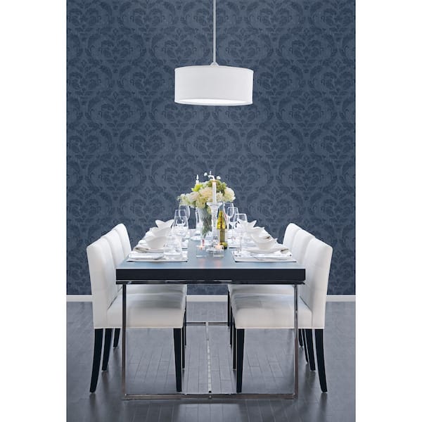 Utopia Collection Blue Traditional Damask Sheen Finish Vinyl on Non-Woven Non-Pasted Wallpaper Roll