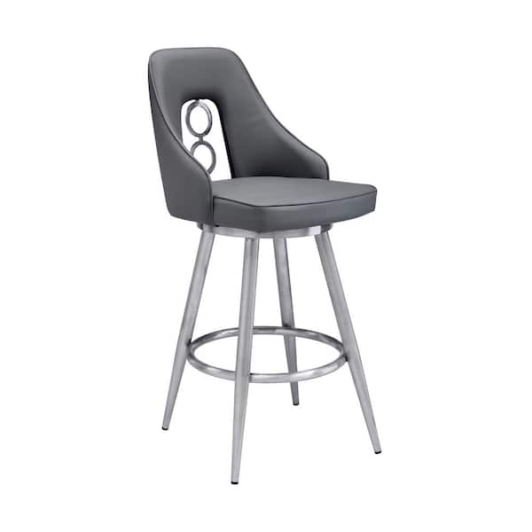 Armen Living Ruby Contemporary 30 in. Bar Height Bar Stool in Brushed Stainless Steel and Grey Faux Leather