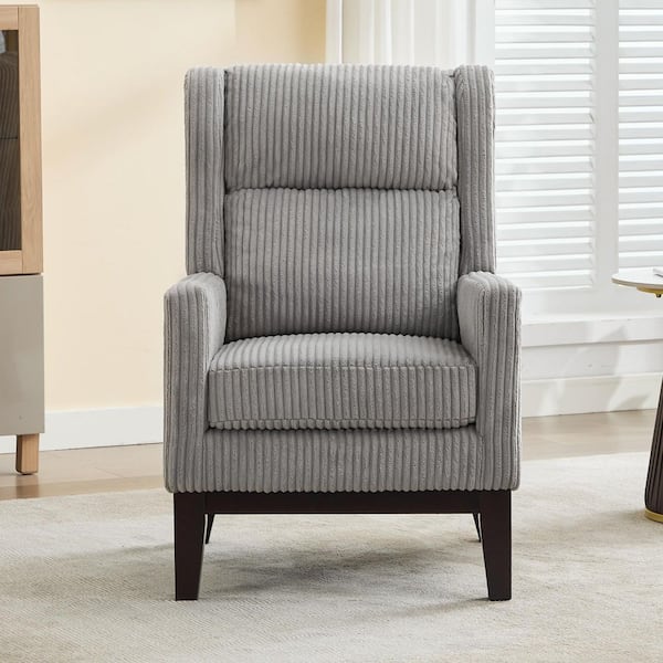 Modern Gray Corduroy Upholstered Arm Chair High-Back Accent Chair with Solid Wood Frame