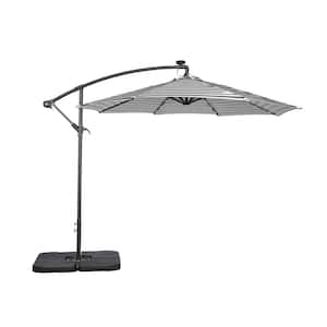 10 ft. Cantilever Hanging Patio Umbrella with Solar LED and 4-Piece Base Weights, Gray and White