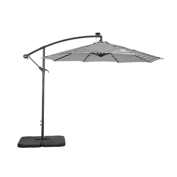 WESTIN OUTDOOR 10 ft. Cantilever Hanging Patio Umbrella with Solar LED and 4-Piece Base Weights, Gray and White