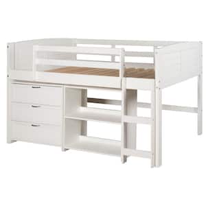 White Twin Louver Low Loft Bed with 3-Drawer Chest and Shelf