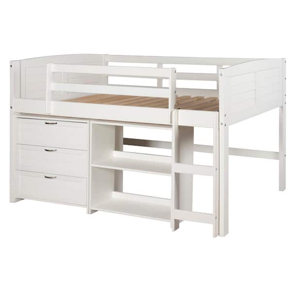 Donco Kids White Twin Louver Low Loft Bed with 3-Drawer Chest and