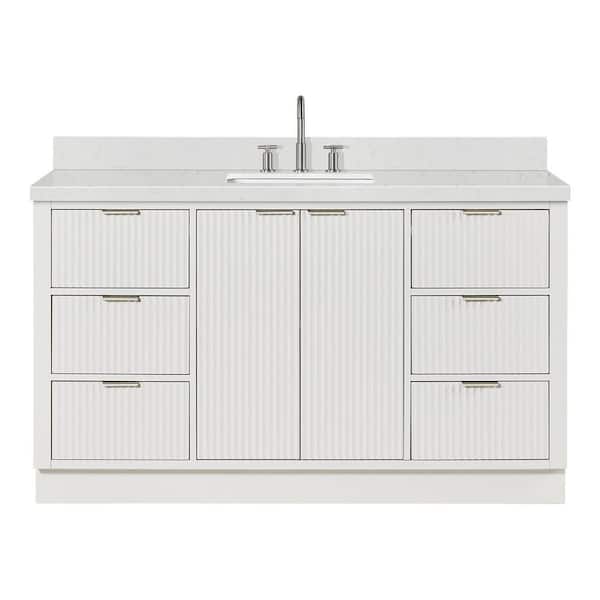 Milan 60 in. W x 21.5 in. D x 36 in. H Single Sink Freestanding Bath Vanity in Warm White with Carrara White Quartz Top
