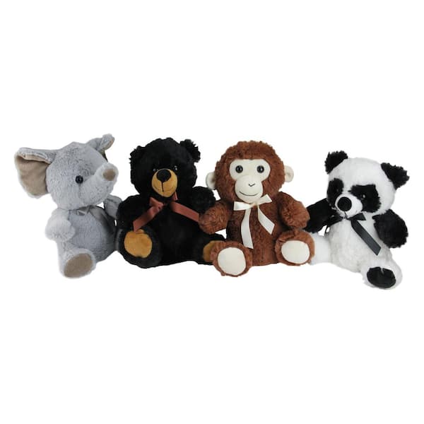 Northlight 9 in. Plush Sitting Bear, Elephant, Monkey and Panda Stuffed Animal Figures (4-Pack)