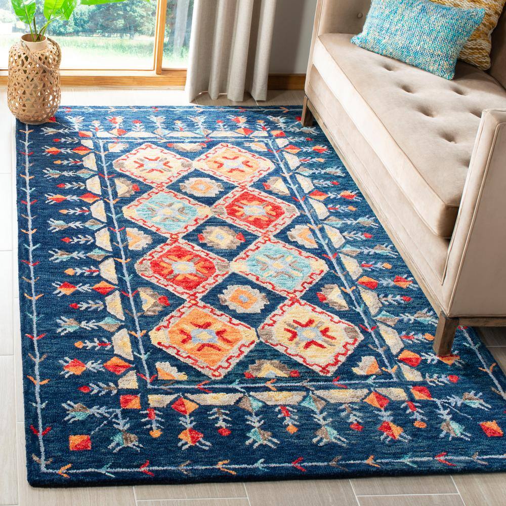 Handmade Tufted Wool Geometric Rectangular Rug 10' x 14' - Blue