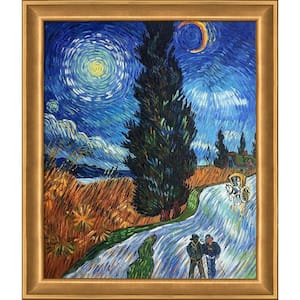 Road with Cypress and Star by Vincent Van Gogh Muted Gold Glow Framed Nature Oil Painting Art Print 24 in. x 28 in.