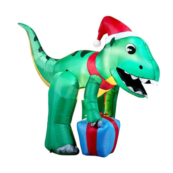 Joyfy 5ft Tall Christmas Inflatables Dinosaur Outdoor Decoration, Blow Up Dinosaur with Gift Box with Build-in LEDs
