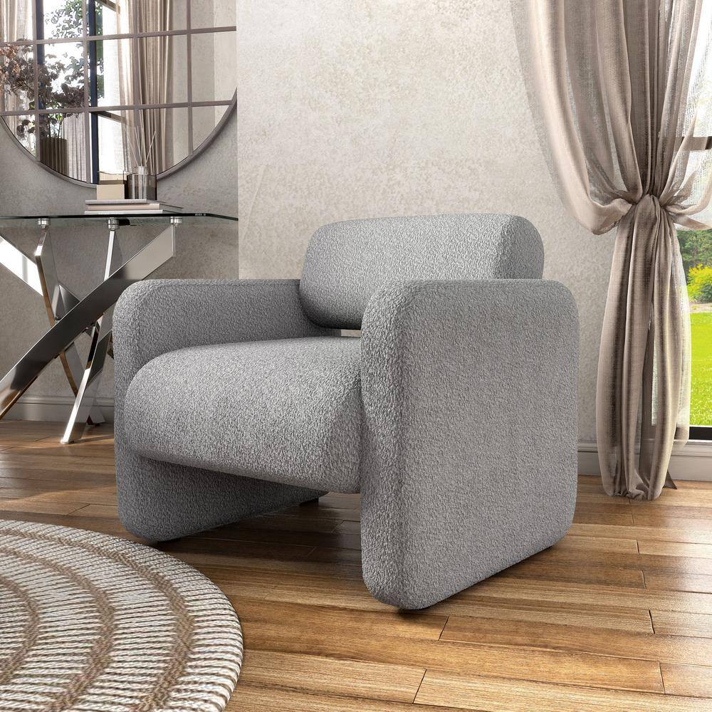Gray Boucle Barrel Accent Chair with Wood Frame
