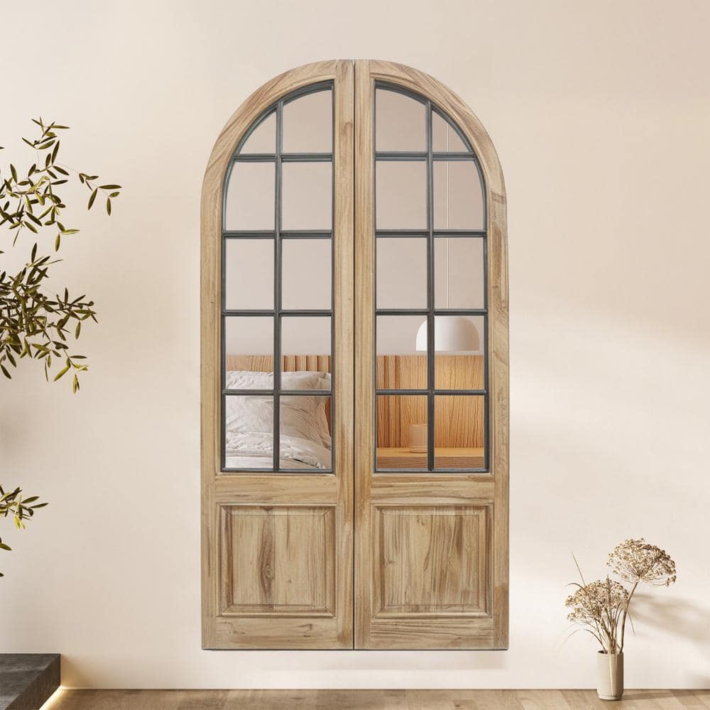 Rustic Arched Windowpane Wood and Metal Wall Mirror, 24 x 47.25 Inch