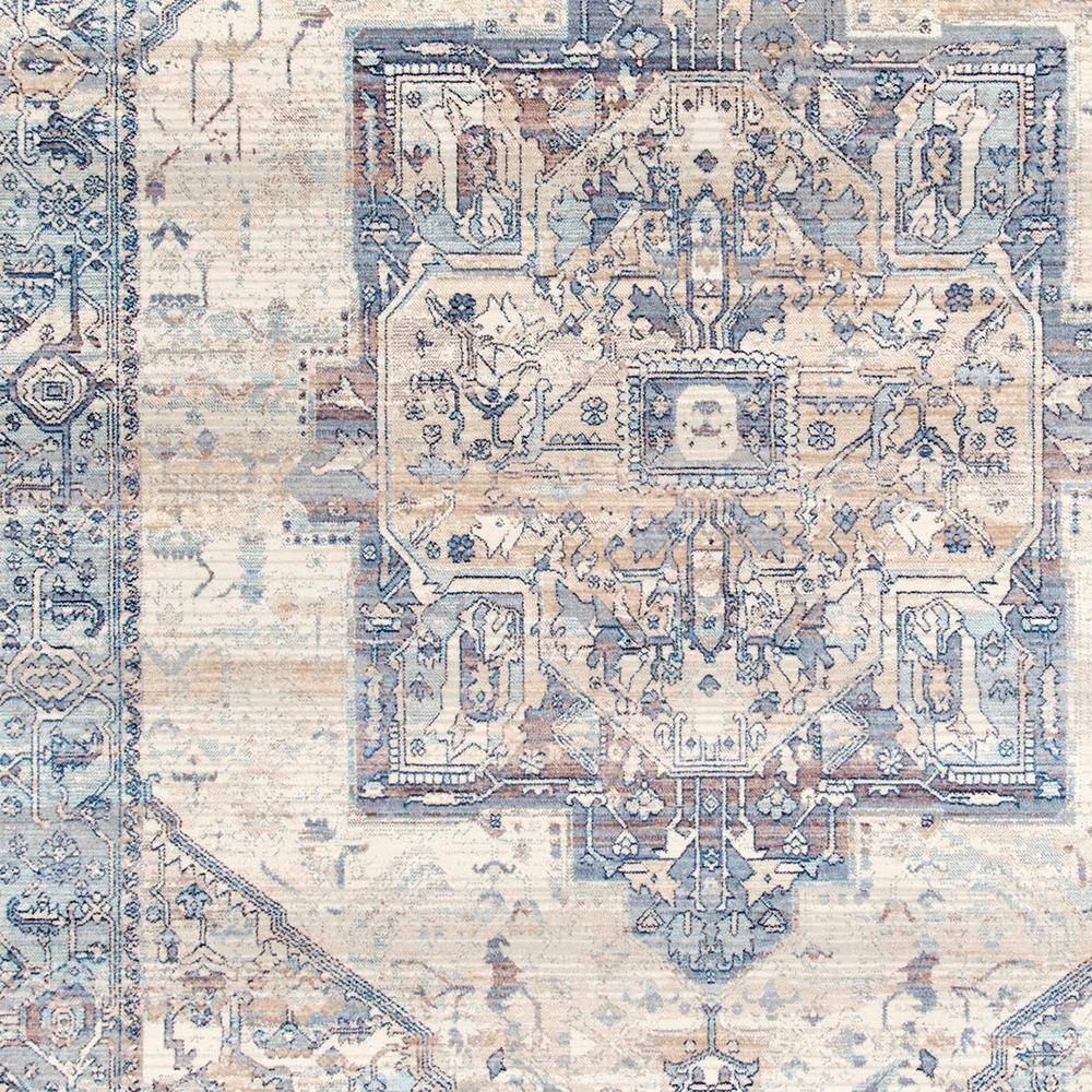 Light Blue Vintage Medallion Synthetic Area Rug with Fringe, 4' x 6'
