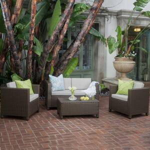4-Piece Brown Wicker Patio Outdoor Sofa Garden Coffee Table Set With Beige Cushions