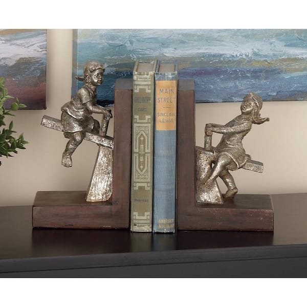 Brown Polystone People Bookends with Swing Set (Set of 2)