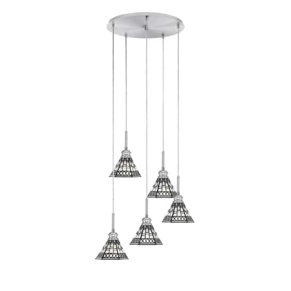 Unbranded Albany 60-Watt 18.25 in. 5-Light Brushed Nickel Cord Pendant Light Pewter Art Glass Shade
