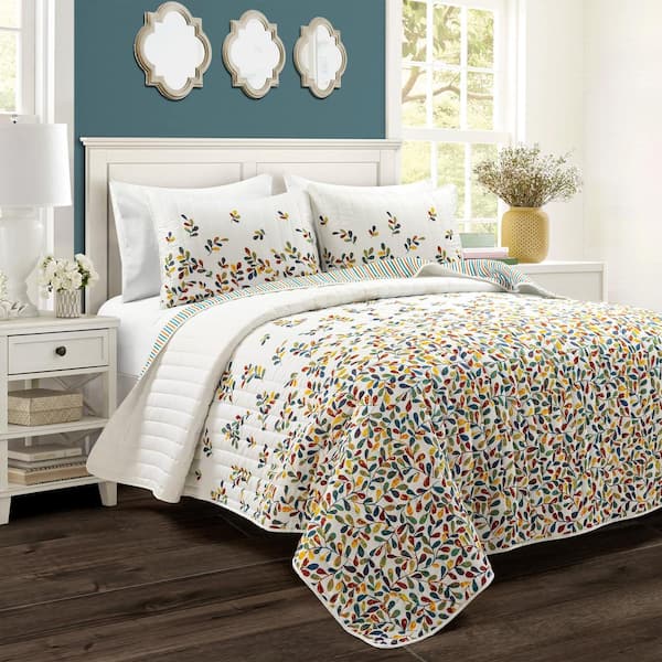 Lush Decor Boho Botanical Leaf Reversible Turquoise/Tangerine King Polyester Quilt Set