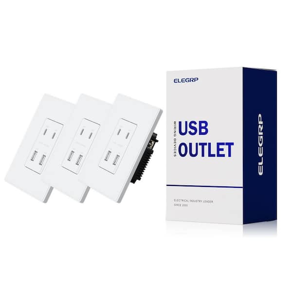 USB Wall Outlet w/ 2A & 2C USB Ports, 42-Watt Fast Charge 4 Ports USB Charger, Wall Plate Included,Matte White, 3-Pieces