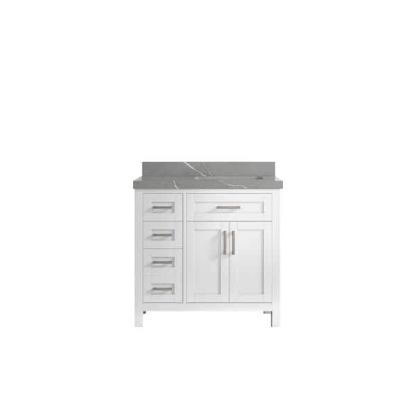 Willow Collections Cambridge 36 in. W x 22 in. D x 36 in. H Right Offset Sink Bath Vanity in White with 2 in. Piatra Gray Quartz Top