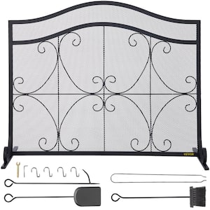 Fireplace Screen 38 in. x 26.5 in. 1-Panel Heavy-Duty Iron Freestand Spark Guard with Support Fireplace Screen