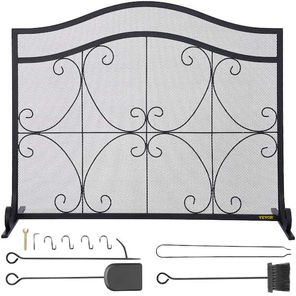 VEVOR Fireplace Screen 38 in. x 26.5 in. 1-Panel Heavy-Duty Iron Freestand Spark Guard with Support Fireplace Screen