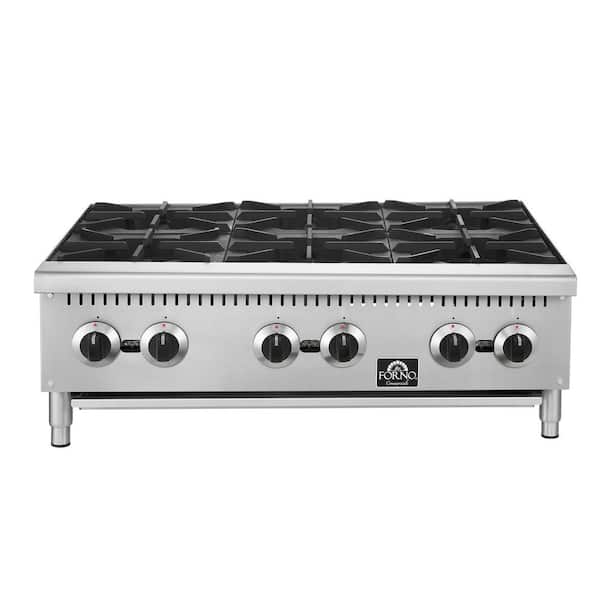 Commerciale 36 Inch Gas Hotplate with 6 Burners, 150,000 BTU, Stainless Steel & Cast Iron