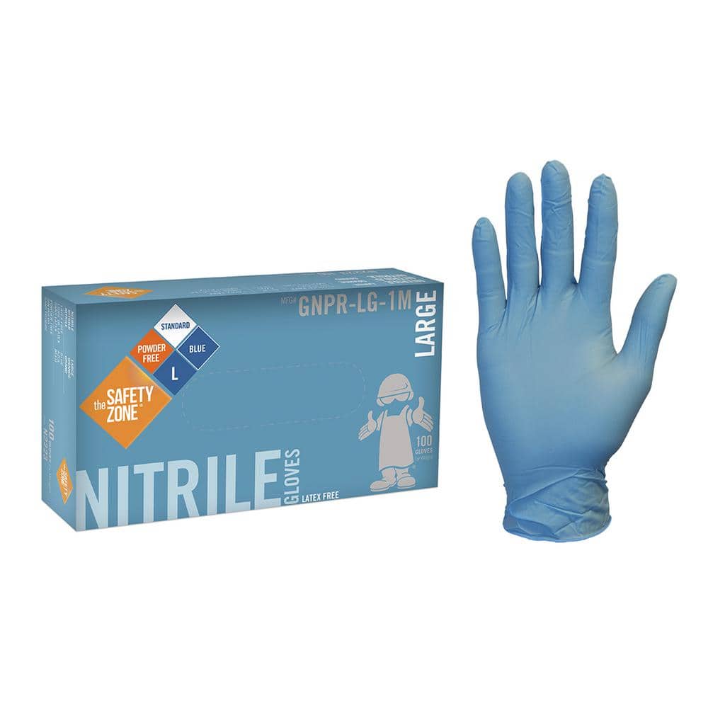Box of 100 Large The Safety Zone GNPR-LG-1E Powder Free Disposable Blue Nitrile Gloves