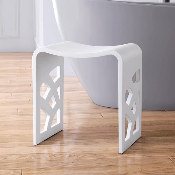 15.7 in. Stone Resin Solid Surface Shower Stool in White with Geometric Cutout Design