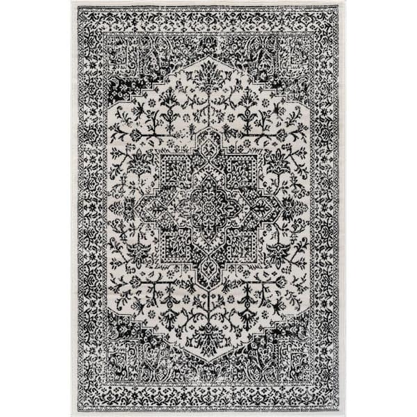 Athena Black 9 ft. x 12 ft. Rubber Back Washable Oriental Border Indoor Outdoor Patio Area Rug