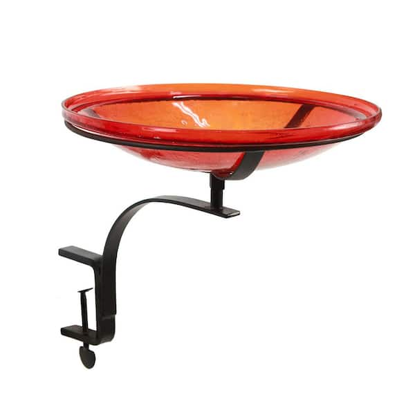 14 in. Dia Red Reflective Crackle Glass Birdbath Bowl with Rail Mount Bracket