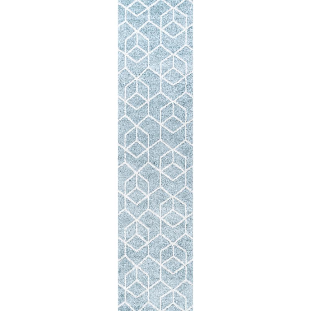Scandinavian Geometric Light Blue & White Flatweave Runner Rug 2x8