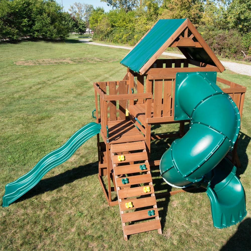 Denali Tower Wooden Playset with Green Slides and Swings