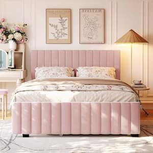 Pink MDF Wood Frame Queen Platform Bed with Twin XL Size Trundle