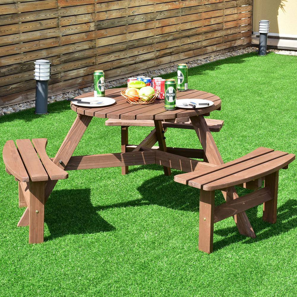 6-Person Dark Brown Fir Wood Picnic Table Set with Benches