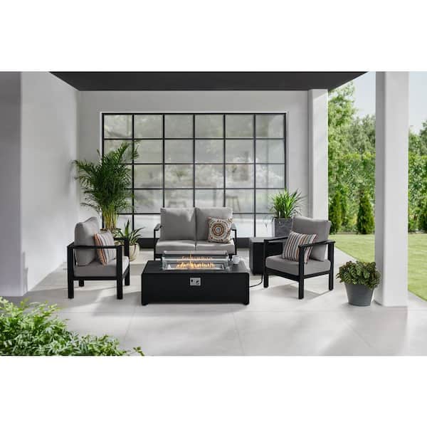 Home Decorators Collection Settlers Notch Black 5-Piece Aluminum Outdoor Fire Pit Conversation Set with CushionGuard Plus Charcoal Cushions