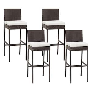 Wicker Barstools Outdoor Bar Stool with Off White Seat Cushion and Footrest (4-Pack)
