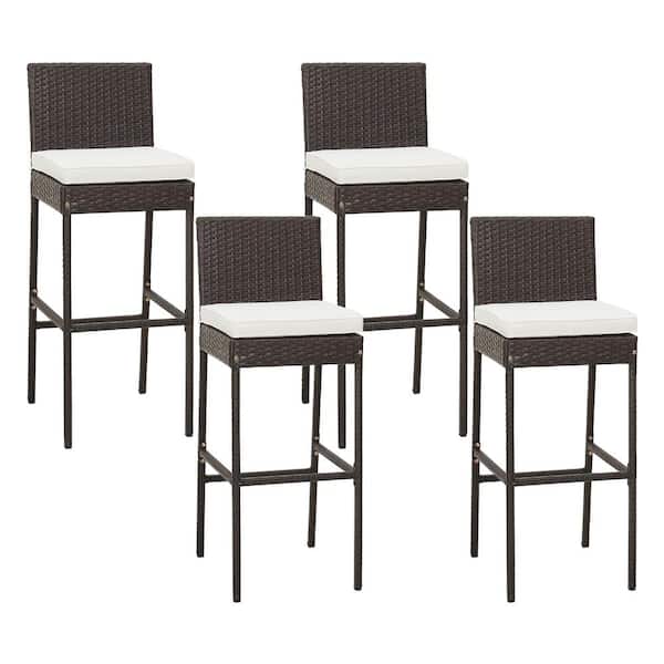 ANGELES HOME Wicker Barstools Outdoor Bar Stool with Off White Seat Cushion and Footrest (4-Pack)
