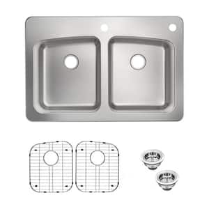 Belmar 33 in. Drop-In/Undermount Double Bowl 18-Gauge Stainless Steel Kitchen Sink with Grids and Drains