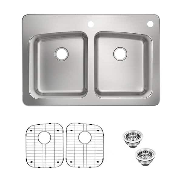 PELHAM & WHITE Belmar 33 in. Drop-In/Undermount Double Bowl 18-Gauge Stainless Steel Kitchen Sink with Grids and Drains
